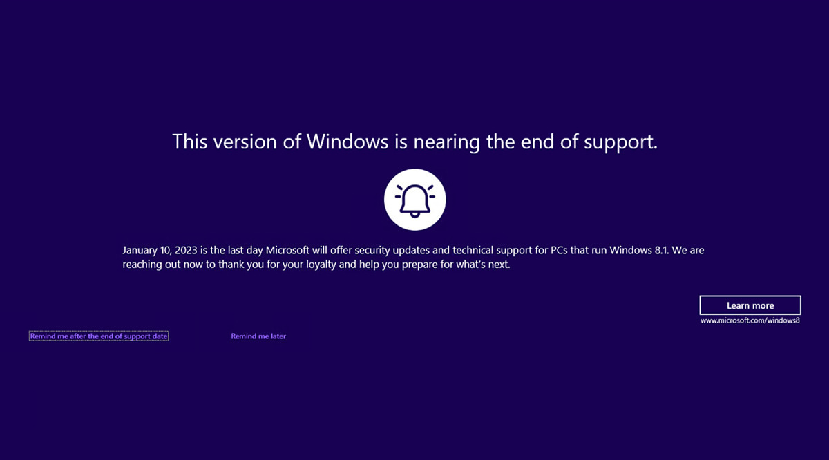 微软 2023 年后将不再支持 Windows 8.1,用户现已收到弹窗提醒