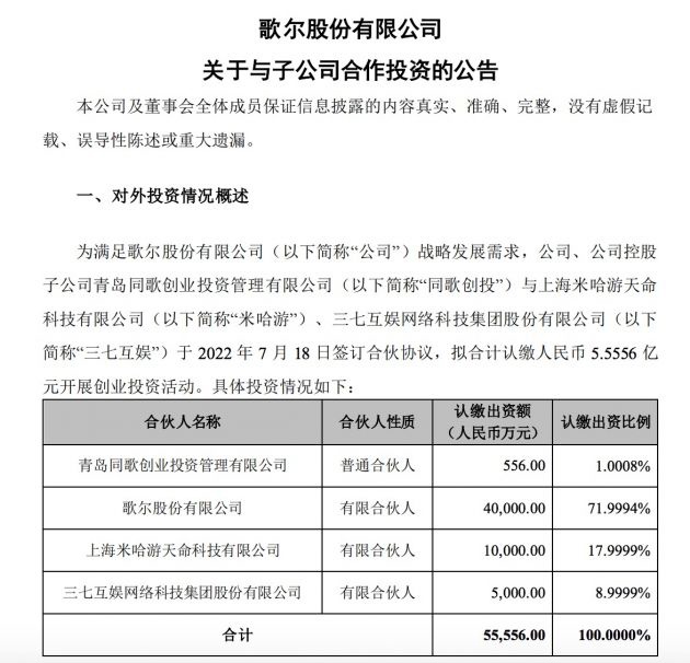 歌尔股份、米哈游、三七互娱签订合伙协议,开展 5.5556 亿元创业投资活动