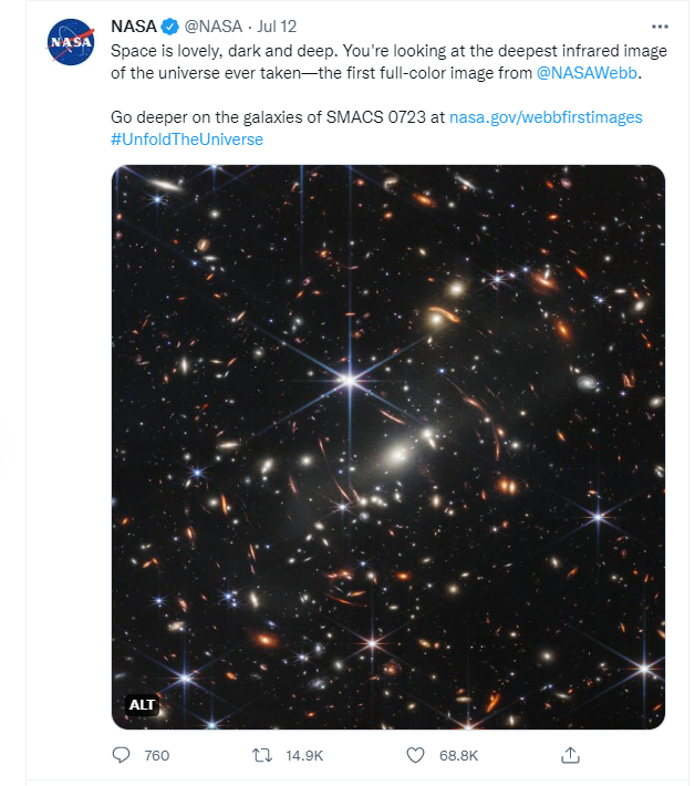 NASA 发布韦伯太空望远镜全彩图像,马斯克发推调侃“像厨房黑色灶台”