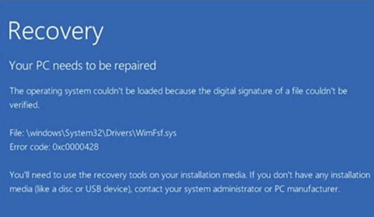 win10开不了机提示蓝屏错误代码0xc0000428