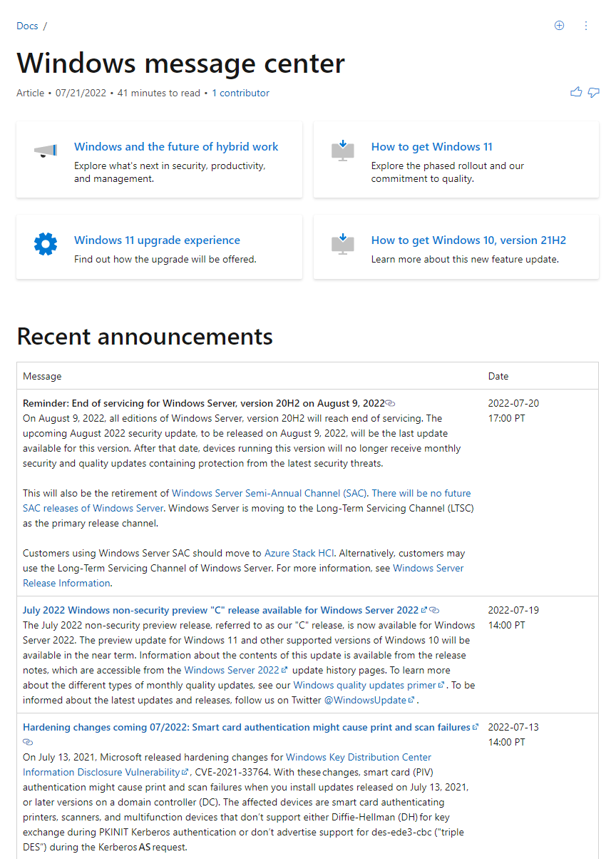 微软发布提醒:Windows Server 版本 20H2 于 8 月 9 日停止支持,Win10 版本 21H1 将于 12 月结束支持