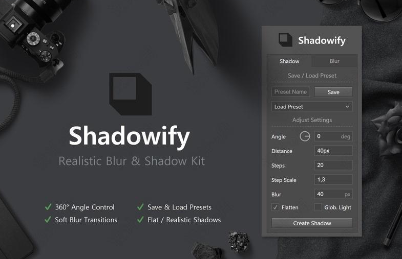 ps平滑长投影插件 Shadowify v2.0【支持ps2022.23.2版本及以上】最新英文版